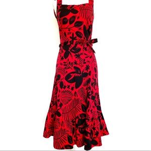 Festive Red Floral Dress with Ruffled A-Line Skirt